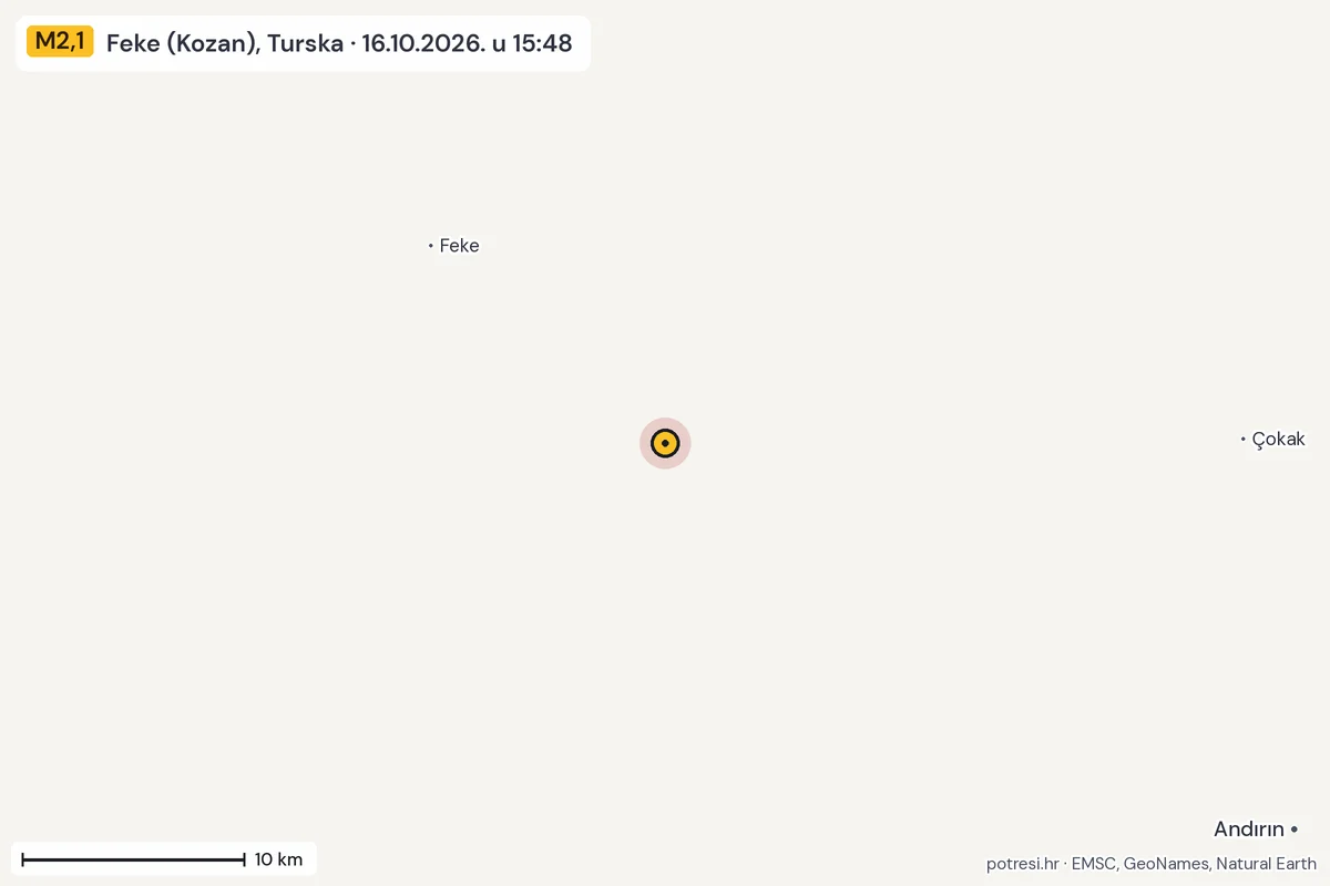 Karta: okolica epicentra, 60 km, potres M2,1, Feke (Kozan), Turska, 16.10.2026.