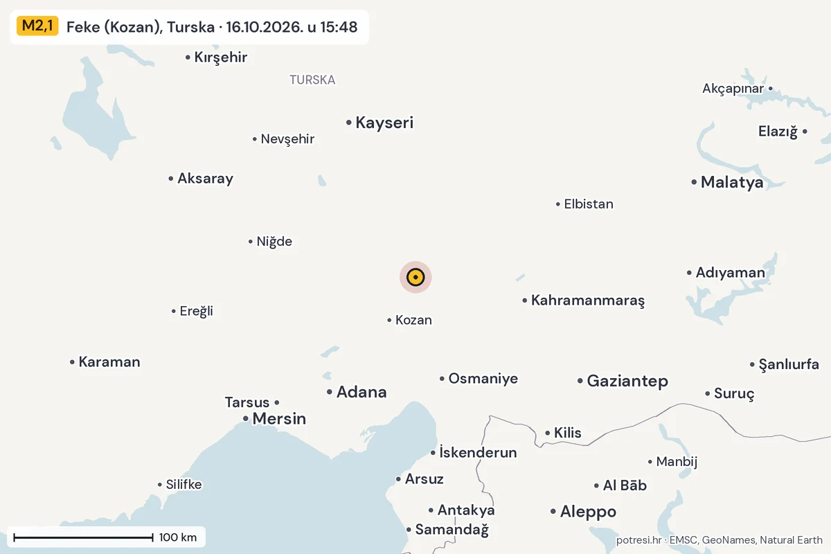 Karta: šire područje, 600 km, potres M2,1, Feke (Kozan), Turska, 16.10.2026.