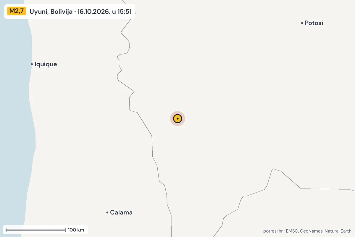 Karta: šire područje, 600 km, potres M2,7, Uyuni, Bolivija, 16.10.2026.