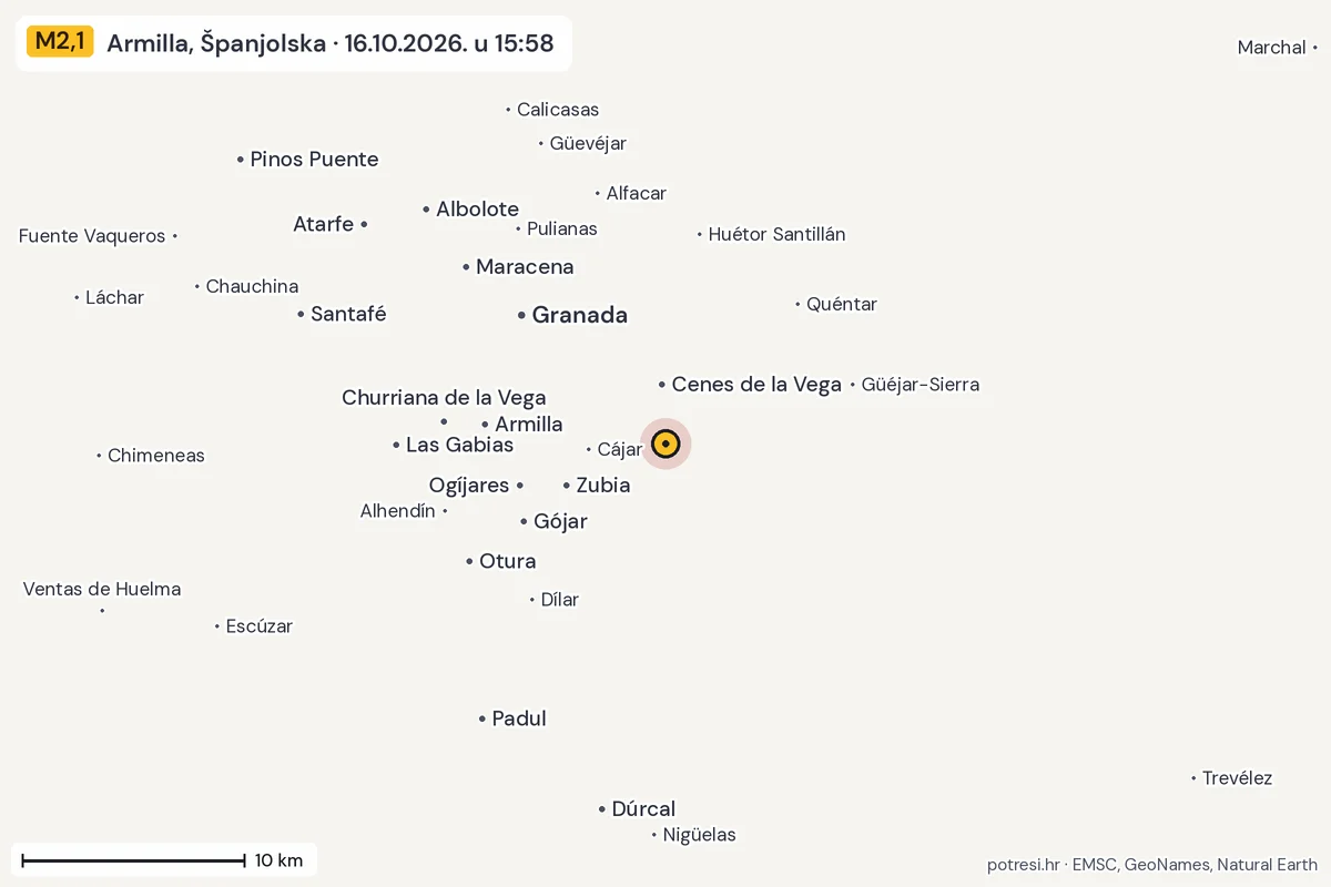 Karta: okolica epicentra, 60 km, potres M2,1, Armilla, Španjolska, 16.10.2026.