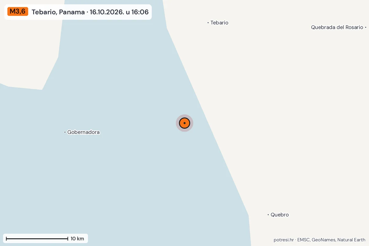 Karta: okolica epicentra, 60 km, potres M3,6, Tebario, Panama, 16.10.2026.