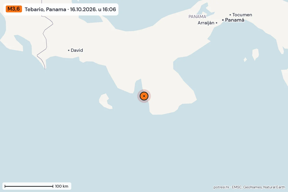Karta: šire područje, 600 km, potres M3,6, Tebario, Panama, 16.10.2026.