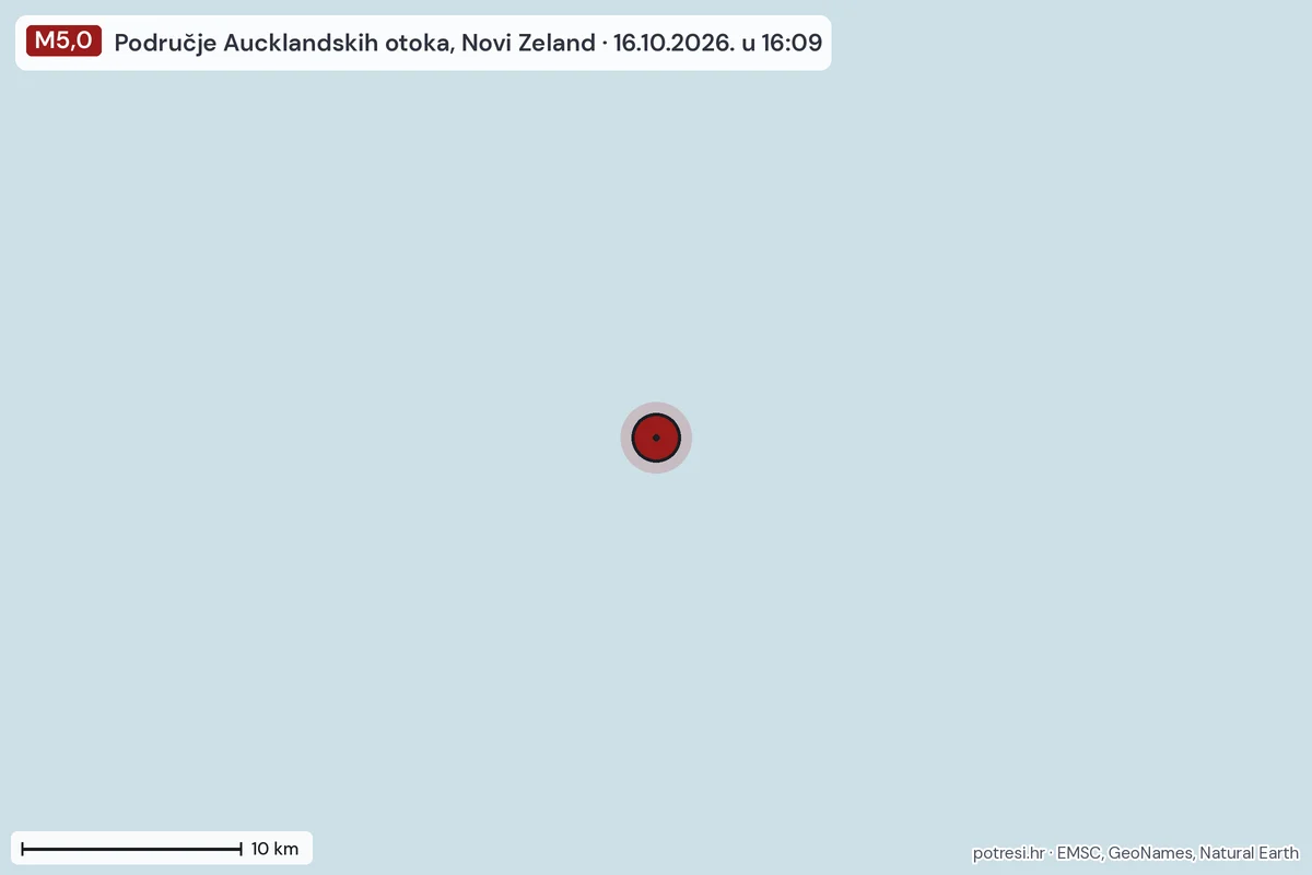 Karta: okolica epicentra, 60 km, potres M5,0, Područje Aucklandskih otoka, Novi Zeland, 16.10.2026.