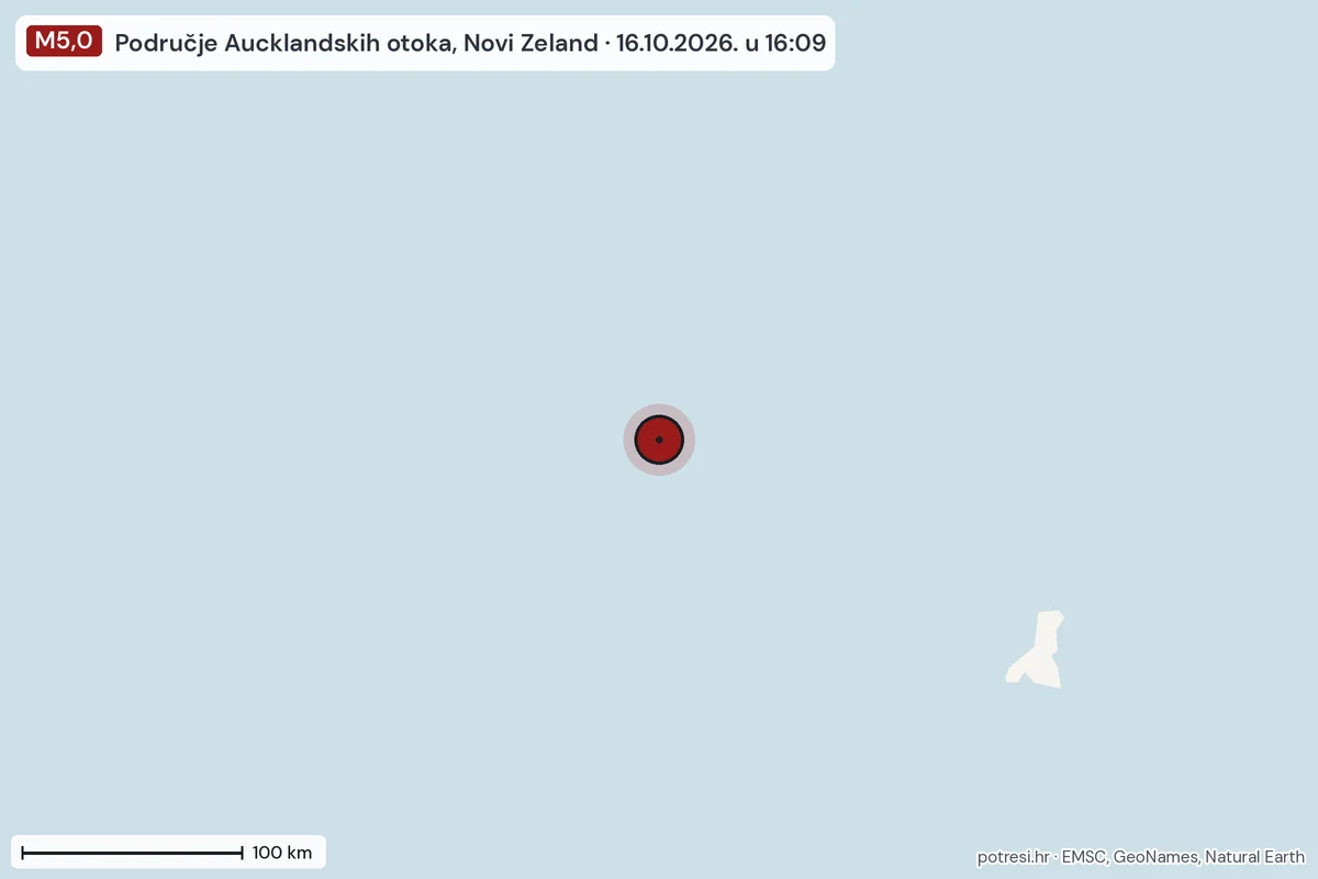 Karta: šire područje, 600 km, potres M5,0, Područje Aucklandskih otoka, Novi Zeland, 16.10.2026.