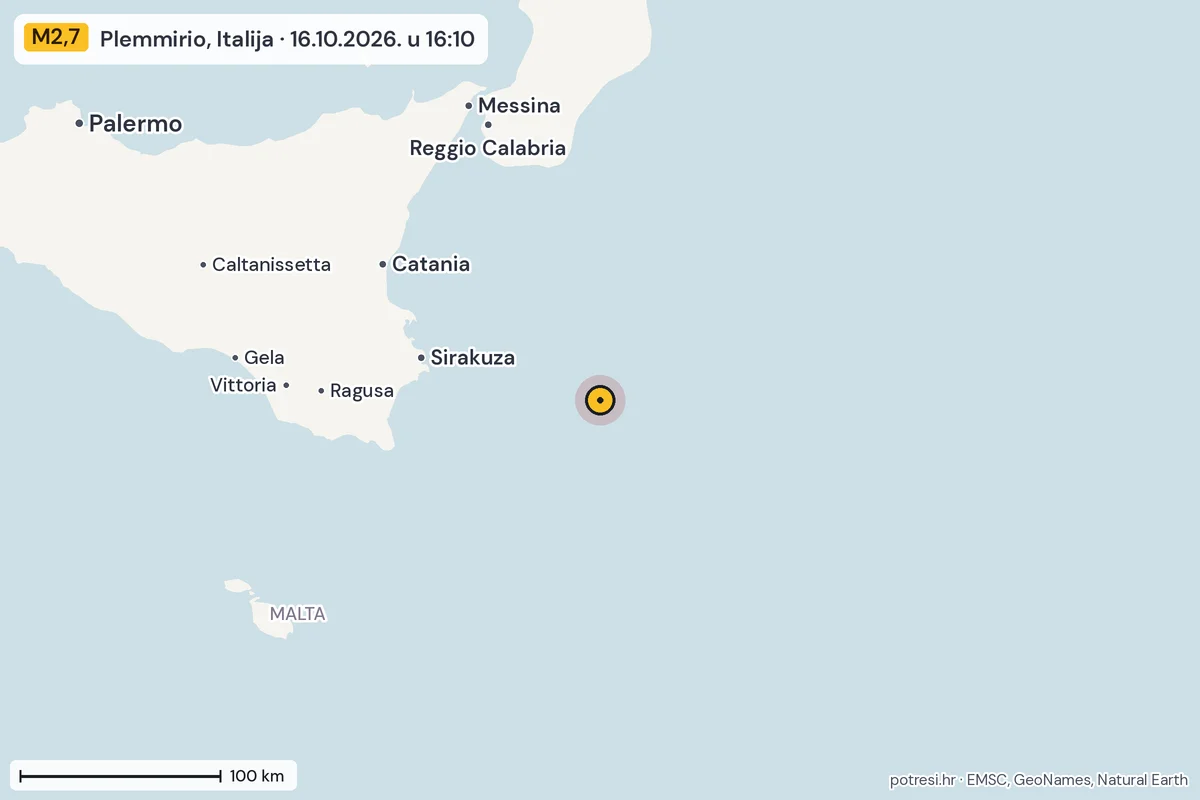 Karta: šire područje, 600 km, potres M2,7, Plemmirio, Italija, 16.10.2026.