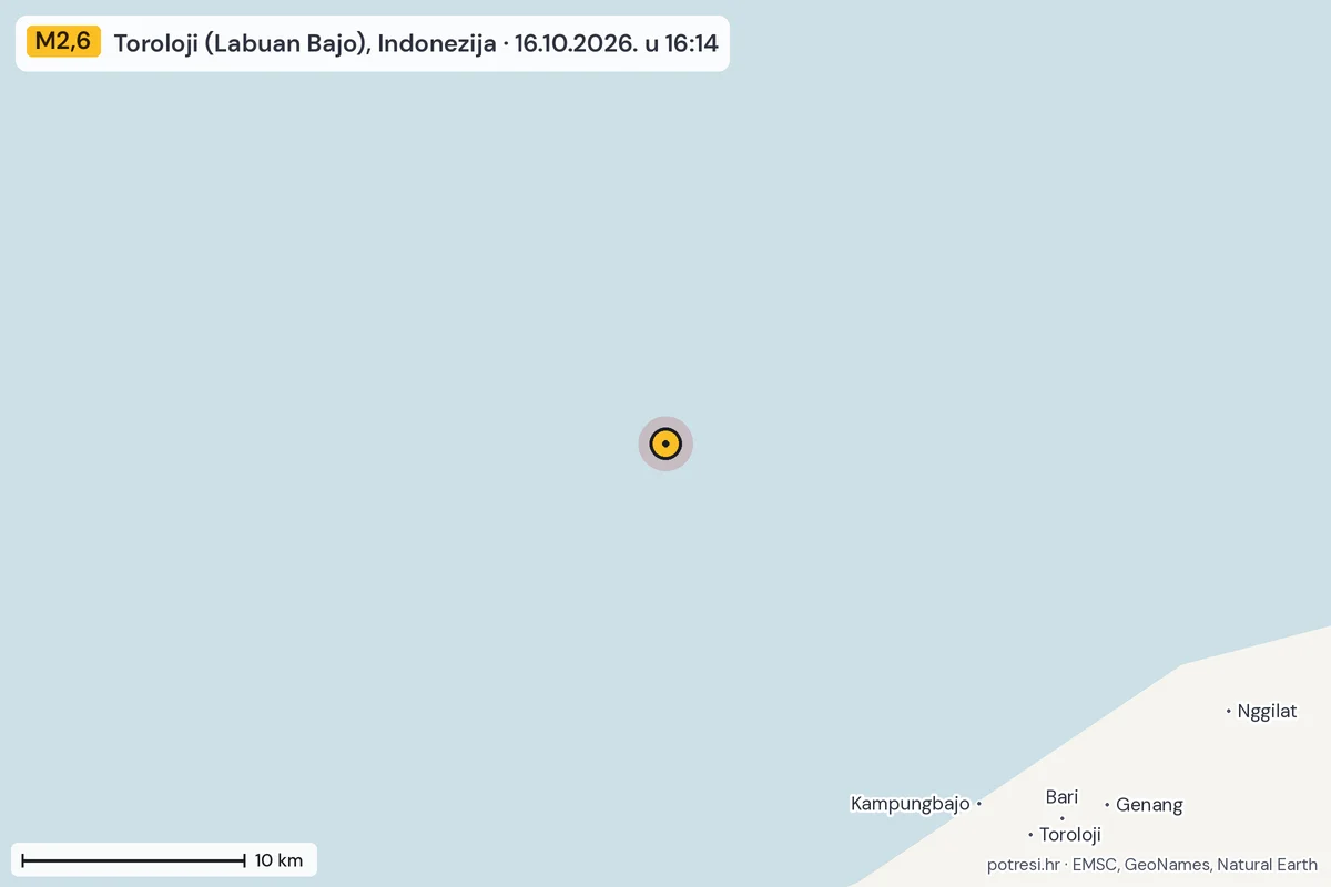 Karta: okolica epicentra, 60 km, potres M2,6, Toroloji (Labuan Bajo), Indonezija, 16.10.2026.