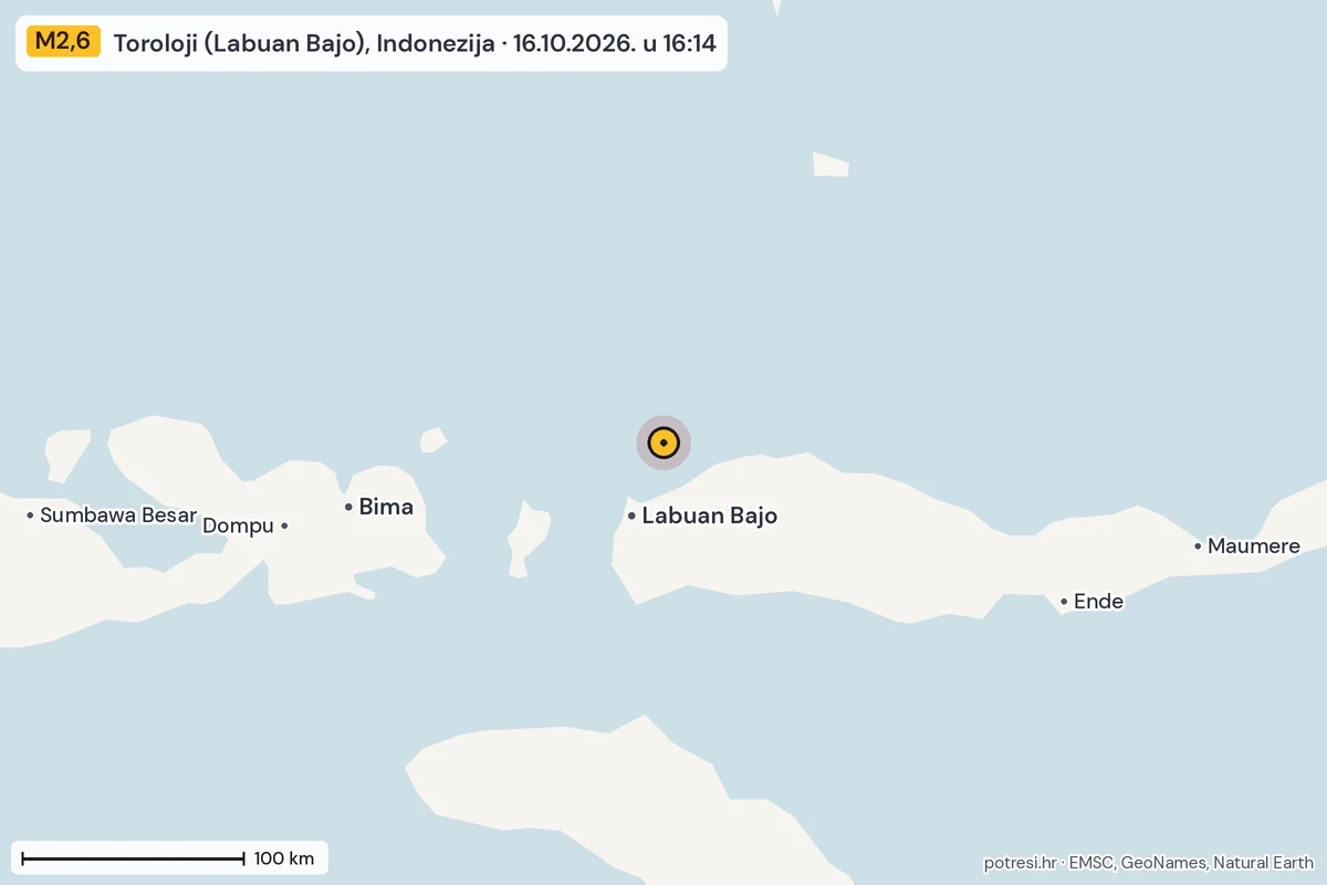 Karta: šire područje, 600 km, potres M2,6, Toroloji (Labuan Bajo), Indonezija, 16.10.2026.