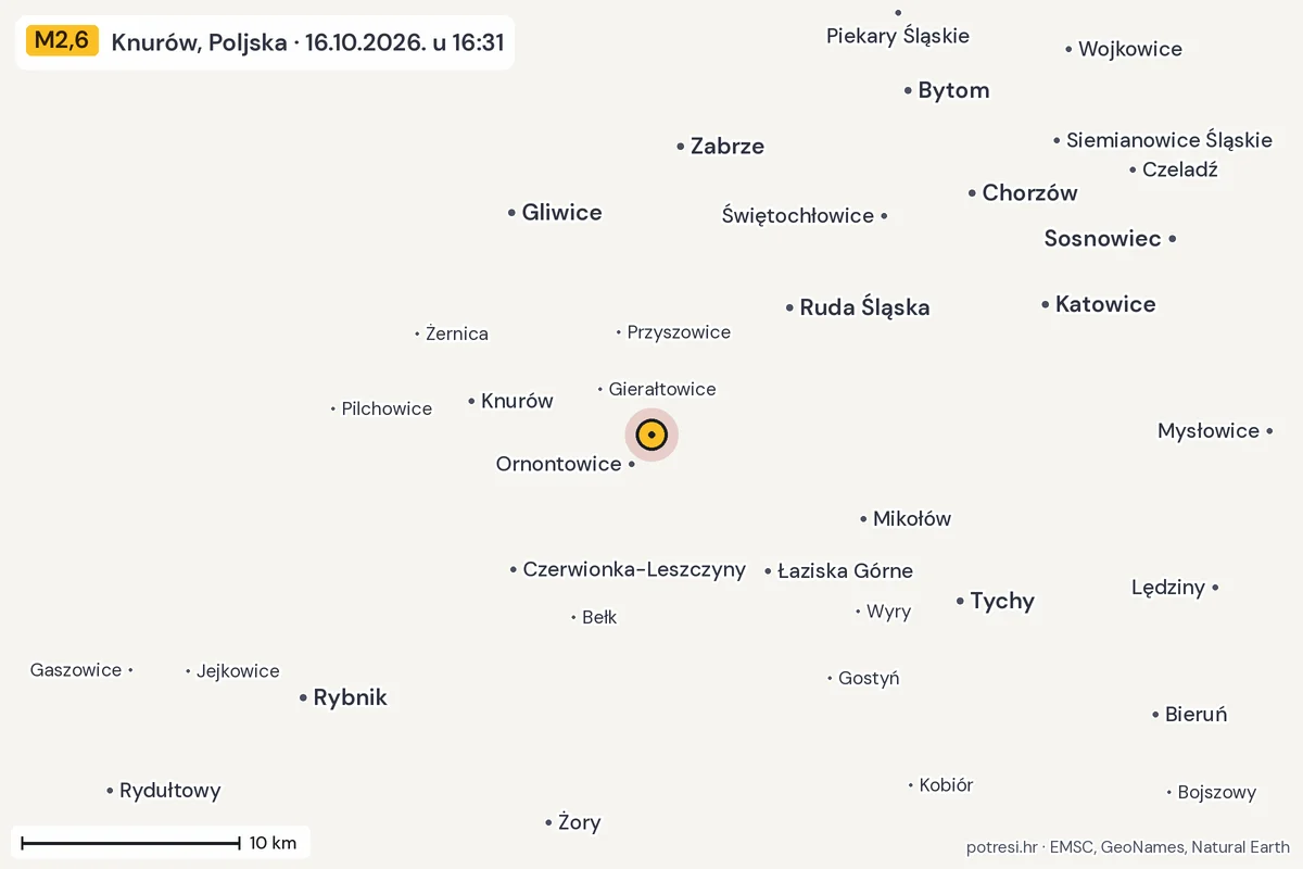 Karta: okolica epicentra, 60 km, potres M2,6, Knurów, Poljska, 16.10.2026.