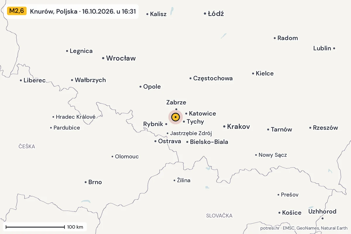 Karta: šire područje, 600 km, potres M2,6, Knurów, Poljska, 16.10.2026.