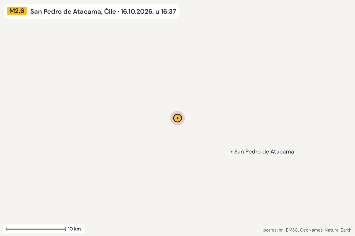 Karta: okolica epicentra, 60 km, potres M2,6, San Pedro de Atacama, Čile, 16.10.2026.