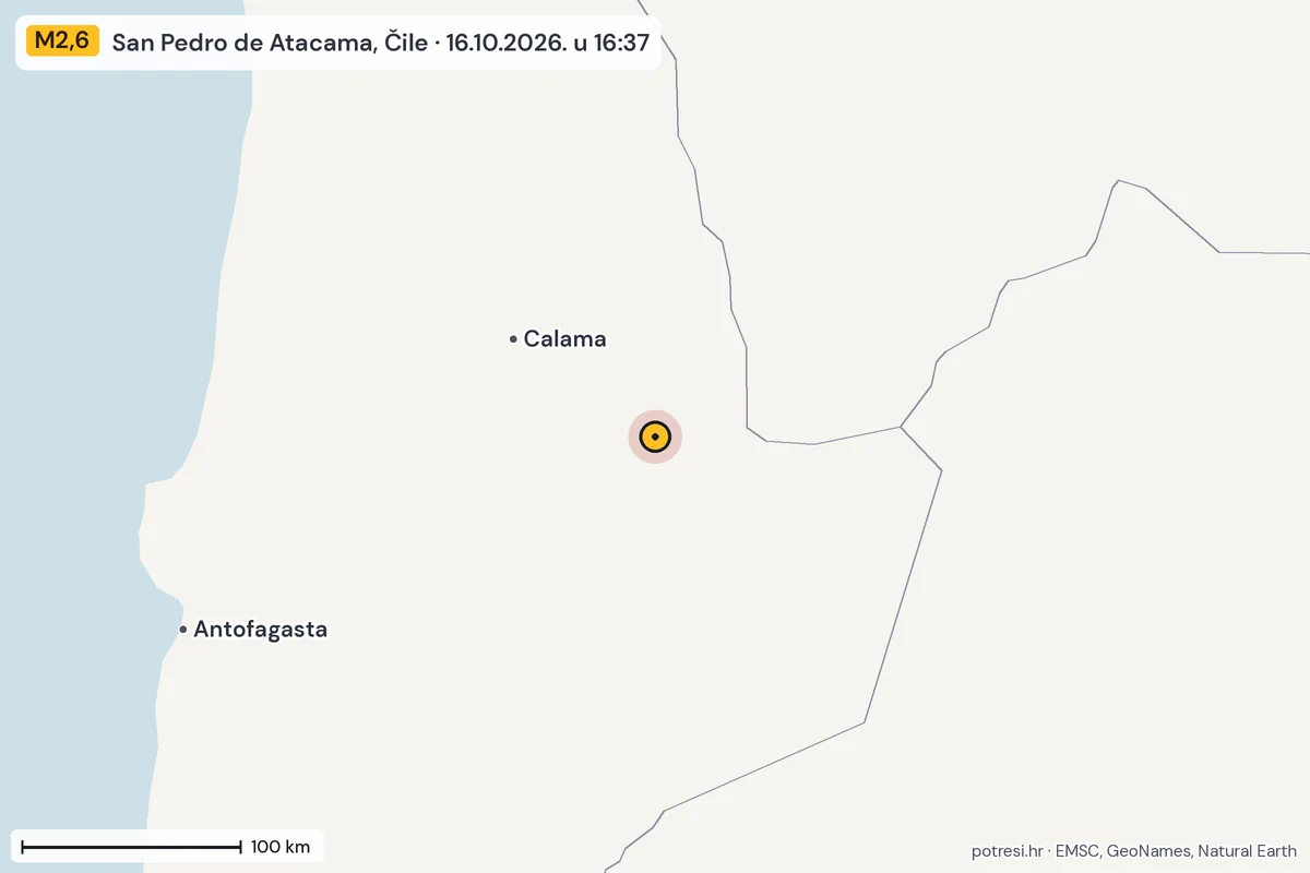 Karta: šire područje, 600 km, potres M2,6, San Pedro de Atacama, Čile, 16.10.2026.