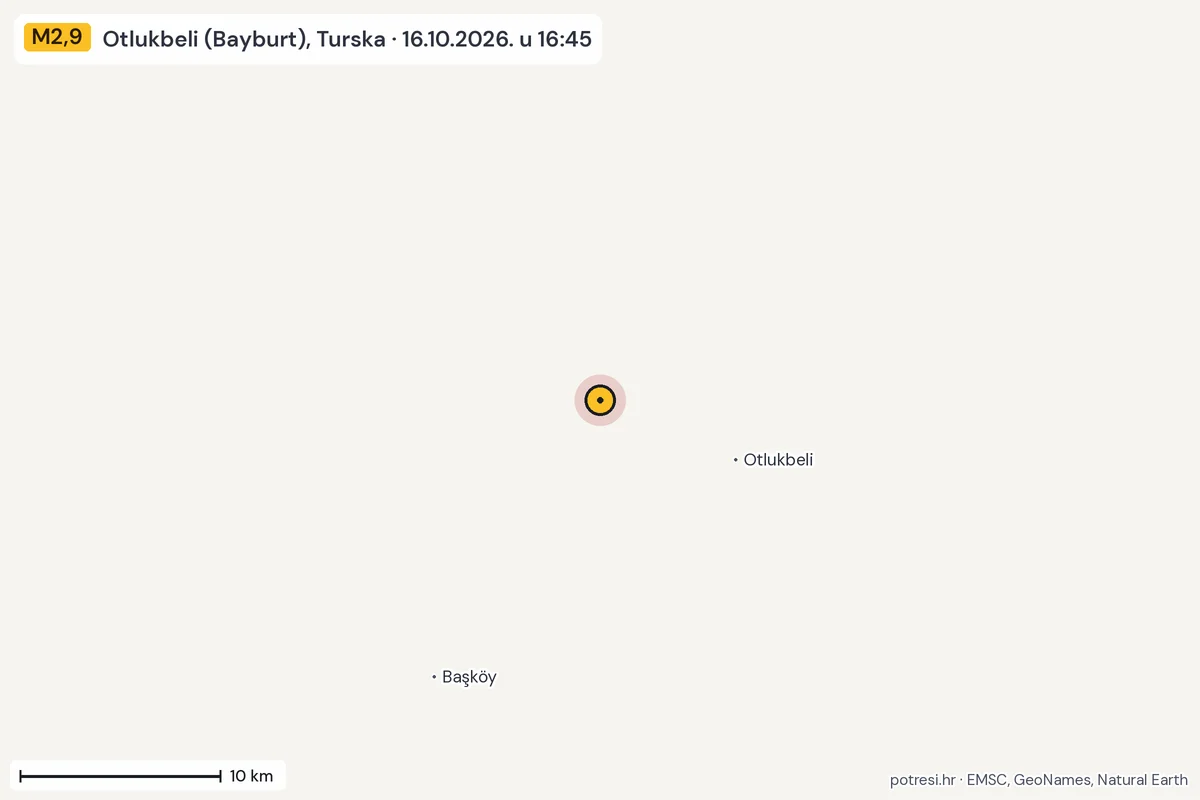 Karta: okolica epicentra, 60 km, potres M2,9, Otlukbeli (Bayburt), Turska, 16.10.2026.
