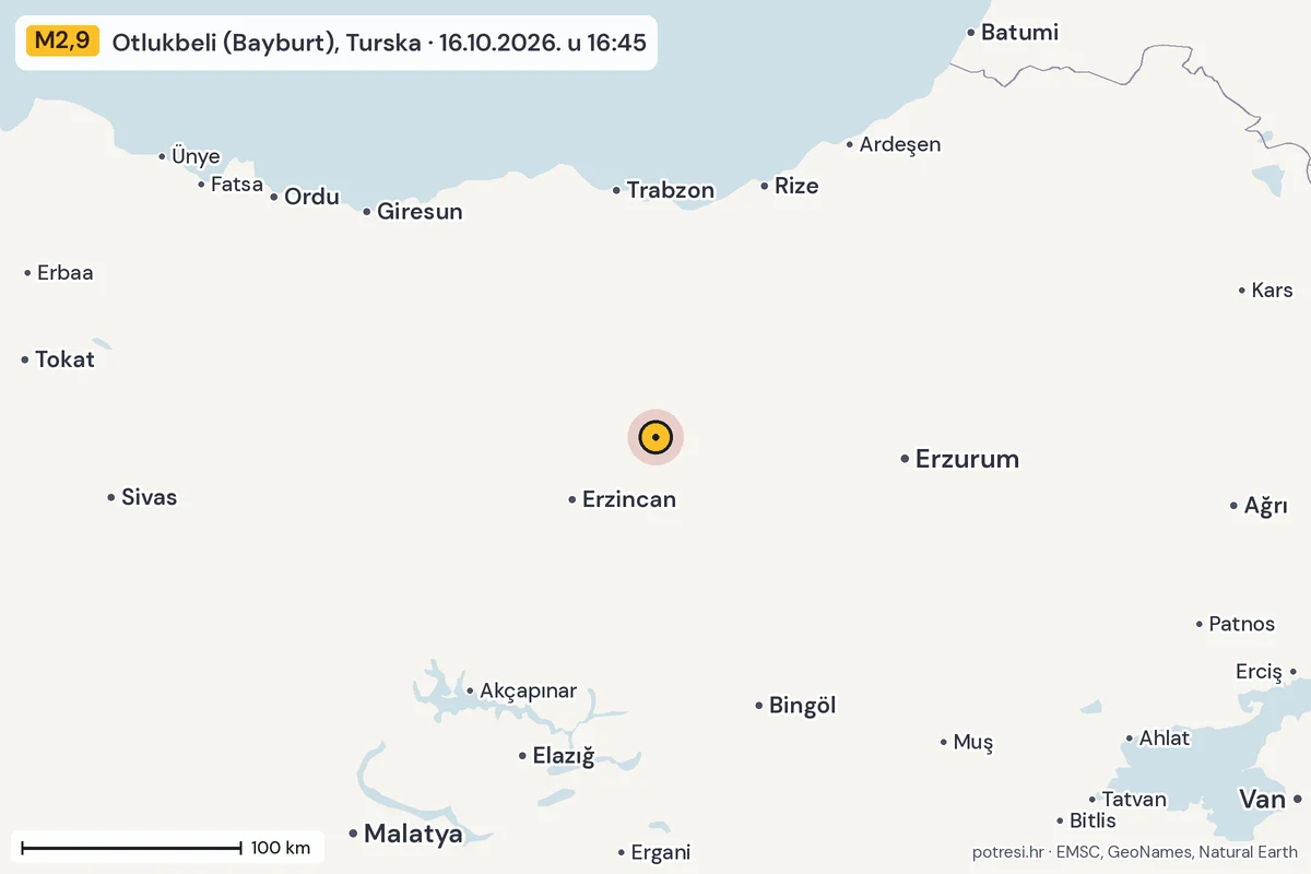 Karta: šire područje, 600 km, potres M2,9, Otlukbeli (Bayburt), Turska, 16.10.2026.