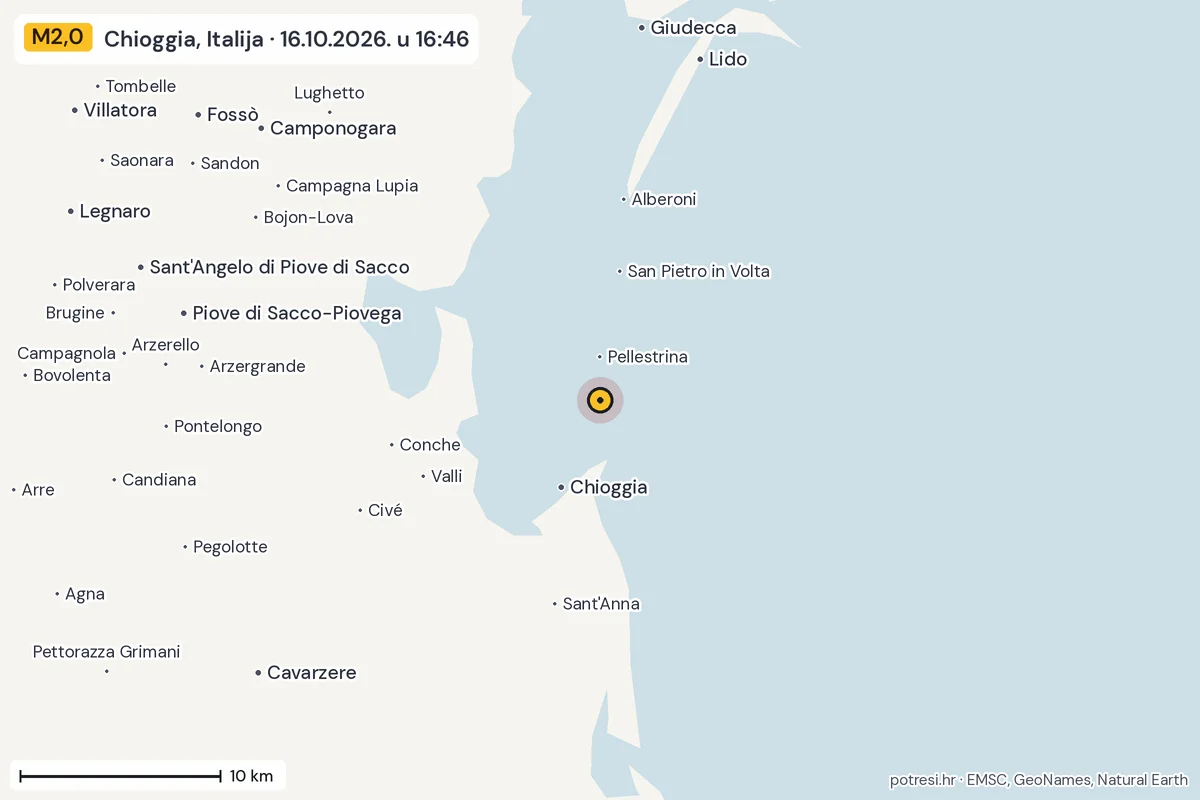 Karta: okolica epicentra, 60 km, potres M2,0, Chioggia, Italija, 16.10.2026.