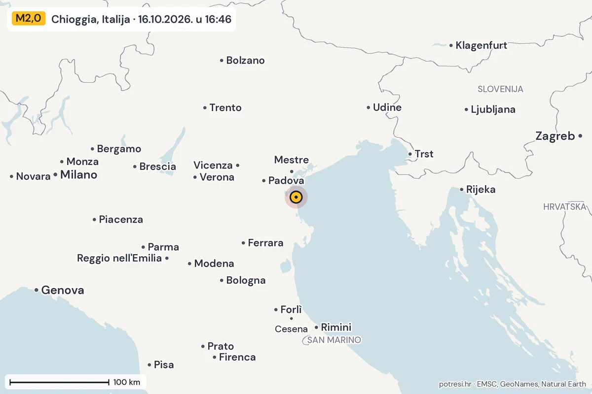 Karta: šire područje, 600 km, potres M2,0, Chioggia, Italija, 16.10.2026.