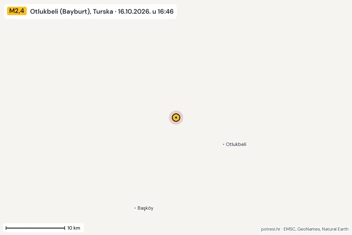 Karta: okolica epicentra, 60 km, potres M2,4, Otlukbeli (Bayburt), Turska, 16.10.2026.