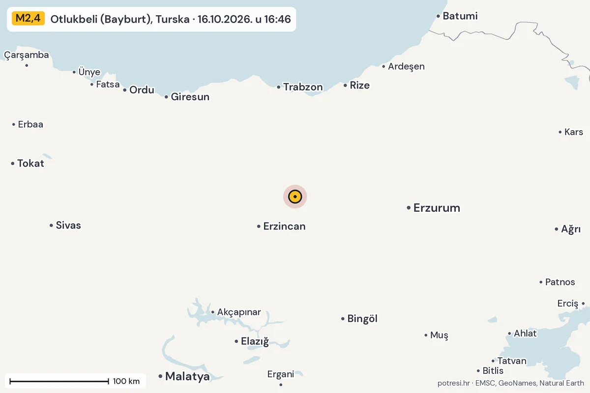 Karta: šire područje, 600 km, potres M2,4, Otlukbeli (Bayburt), Turska, 16.10.2026.