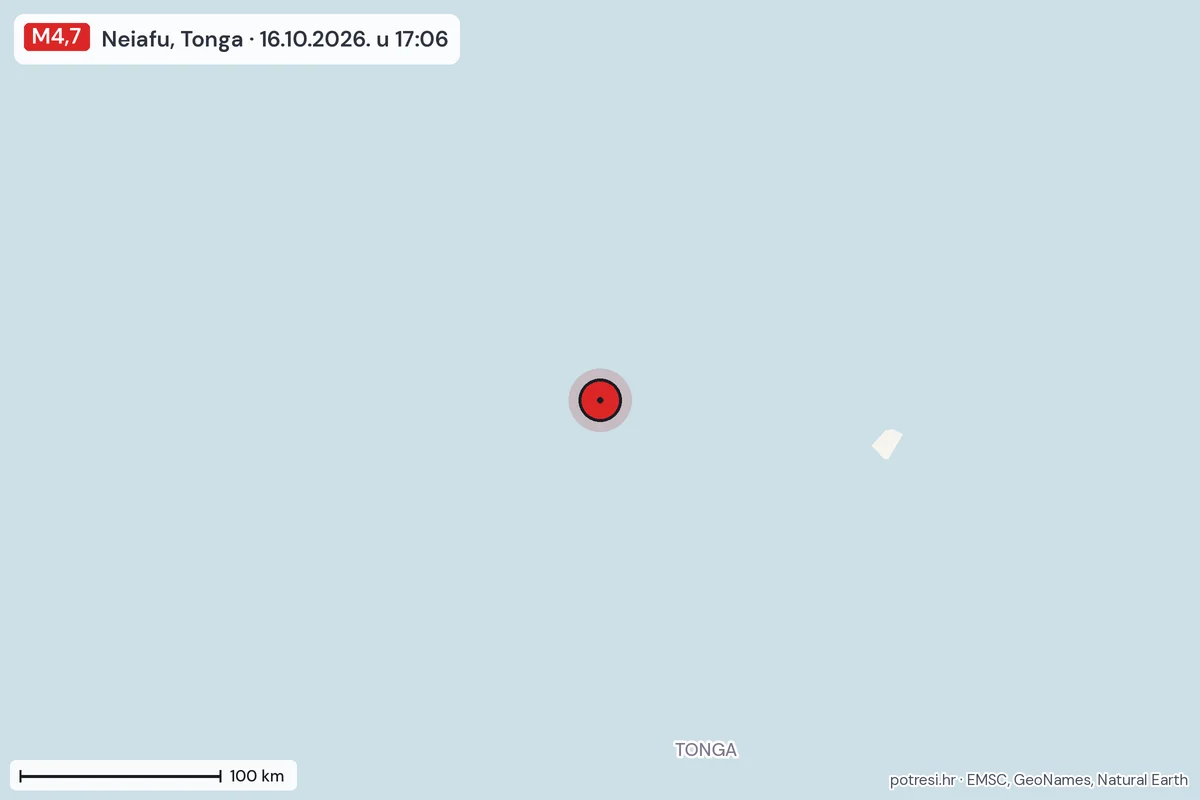 Karta: šire područje, 600 km, potres M4,7, Neiafu, Tonga, 16.10.2026.