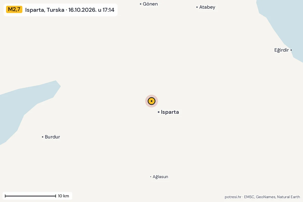 Karta: okolica epicentra, 60 km, potres M2,7, Isparta, Turska, 16.10.2026.