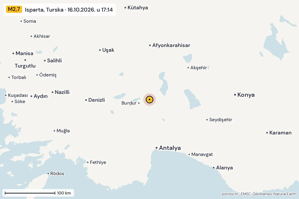 Karta: šire područje, 600 km, potres M2,7, Isparta, Turska, 16.10.2026.