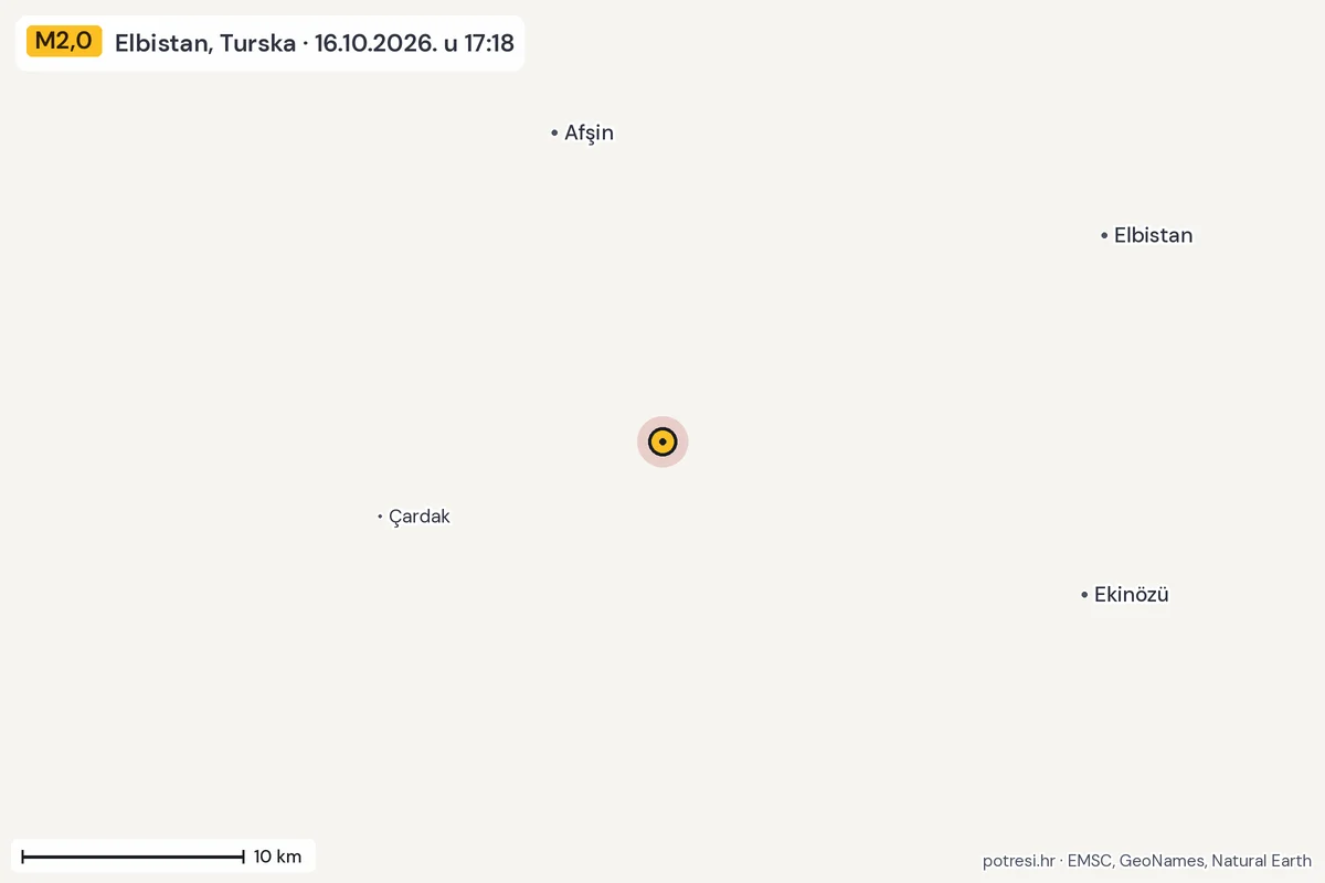 Karta: okolica epicentra, 60 km, potres M2,0, Elbistan, Turska, 16.10.2026.