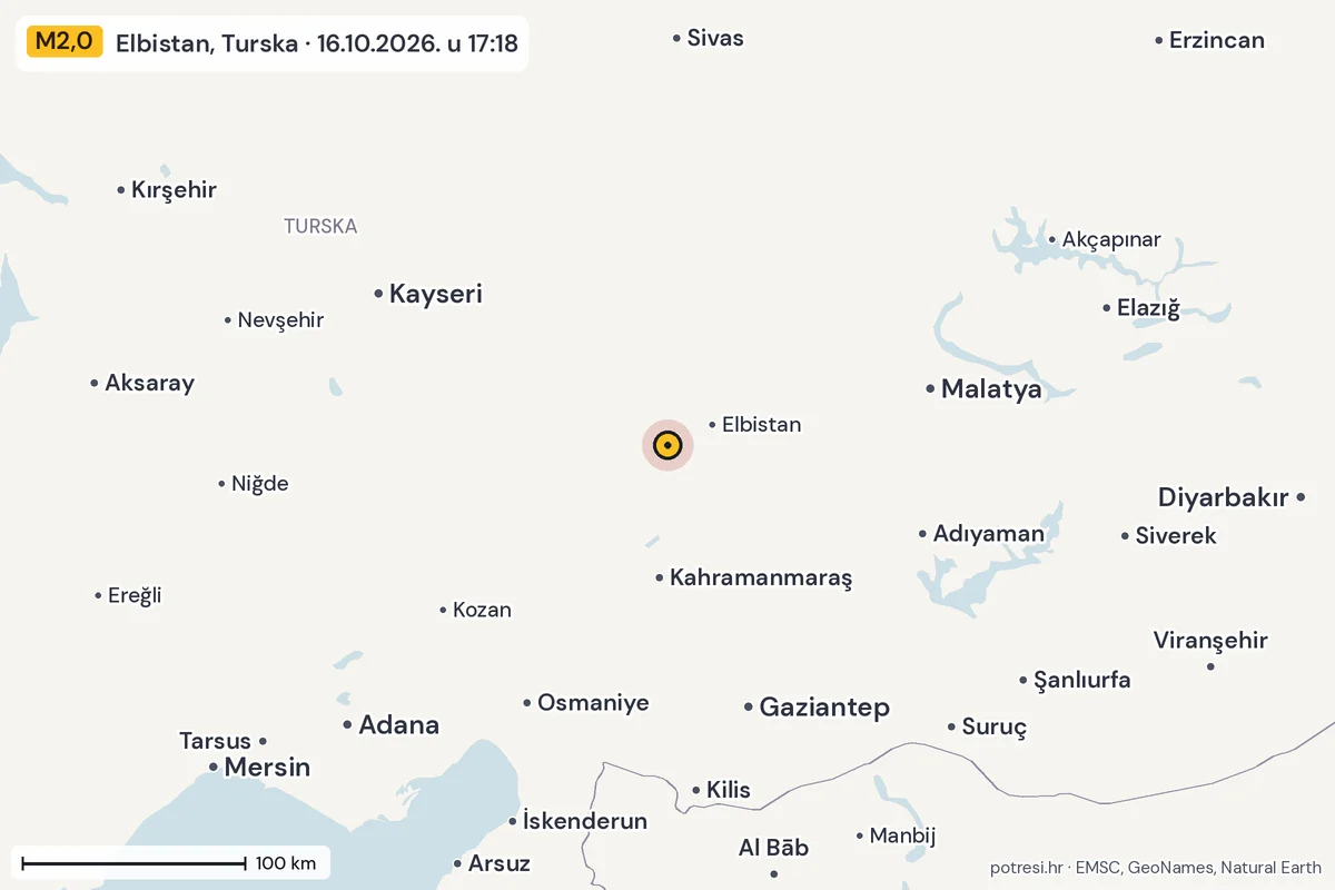 Karta: šire područje, 600 km, potres M2,0, Elbistan, Turska, 16.10.2026.