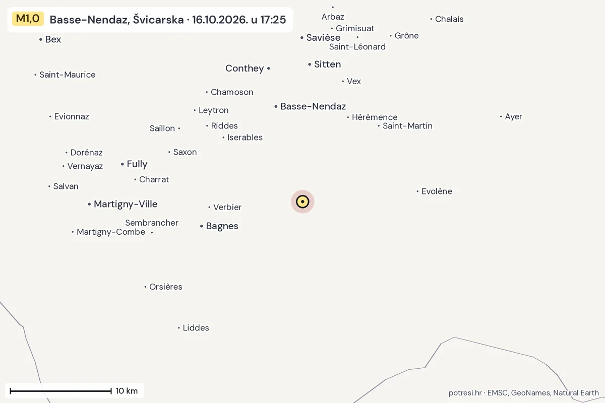 Karta: okolica epicentra, 60 km, potres M1,0, Basse-Nendaz, Švicarska, 16.10.2026.