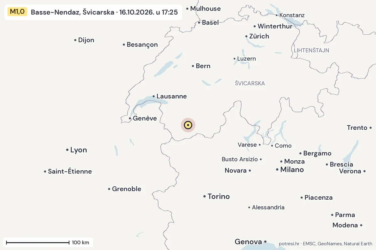 Karta: šire područje, 600 km, potres M1,0, Basse-Nendaz, Švicarska, 16.10.2026.