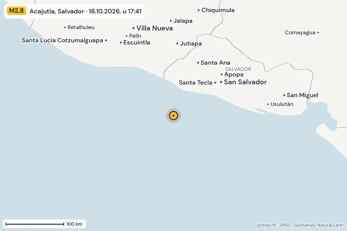 Karta: šire područje, 600 km, potres M2,8, Acajutla, Salvador, 16.10.2026.