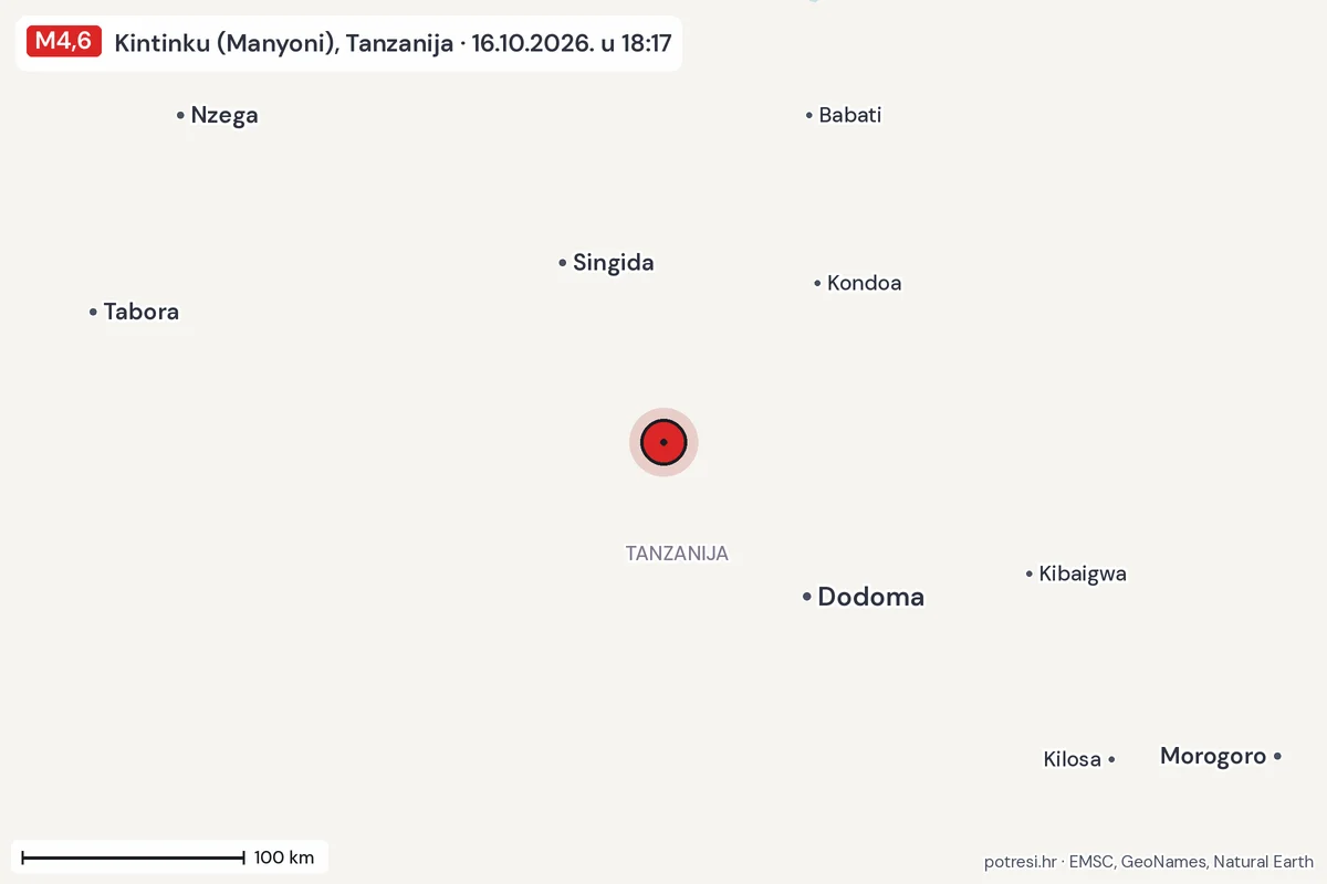 Karta: šire područje, 600 km, potres M4,6, Kintinku (Manyoni), Tanzanija, 16.10.2026.