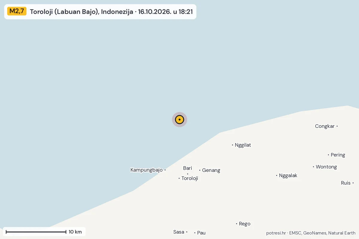 Karta: okolica epicentra, 60 km, potres M2,7, Toroloji (Labuan Bajo), Indonezija, 16.10.2026.