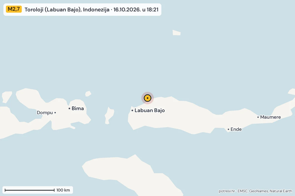 Karta: šire područje, 600 km, potres M2,7, Toroloji (Labuan Bajo), Indonezija, 16.10.2026.