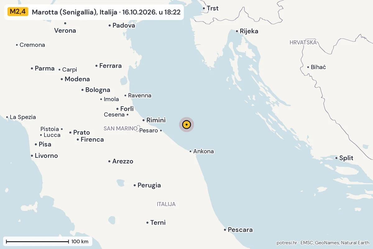 Karta: šire područje, 600 km, potres M2,4, Marotta (Senigallia), Italija, 16.10.2026.