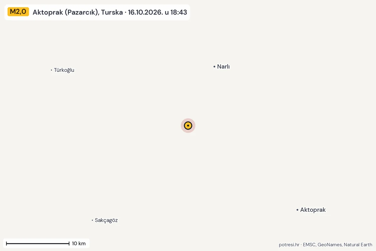 Karta: okolica epicentra, 60 km, potres M2,0, Aktoprak (Pazarcık), Turska, 16.10.2026.