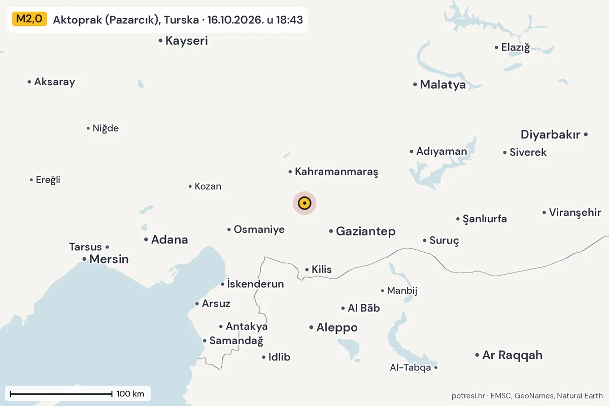 Karta: šire područje, 600 km, potres M2,0, Aktoprak (Pazarcık), Turska, 16.10.2026.