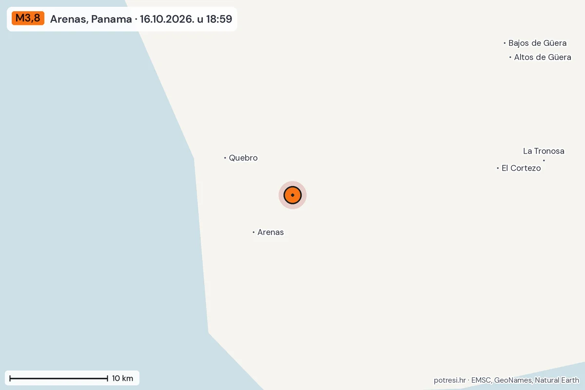 Karta: okolica epicentra, 60 km, potres M3,8, Arenas, Panama, 16.10.2026.