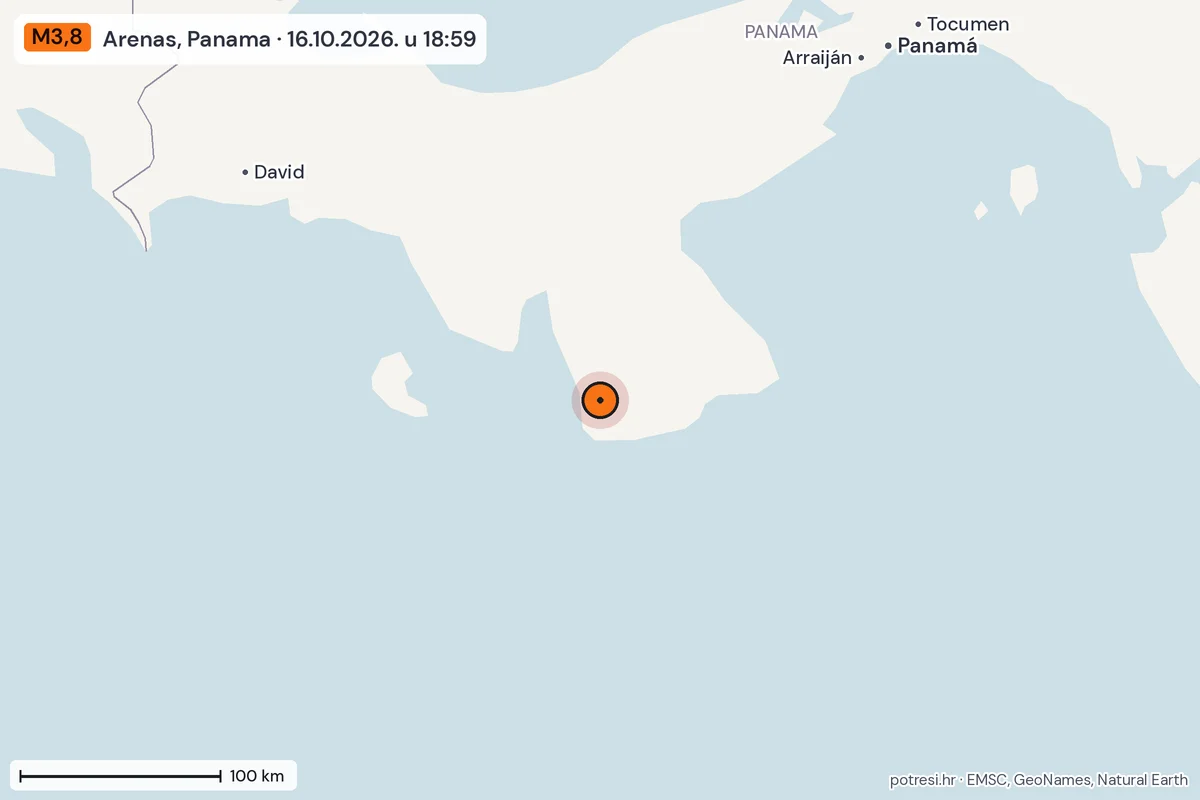 Karta: šire područje, 600 km, potres M3,8, Arenas, Panama, 16.10.2026.