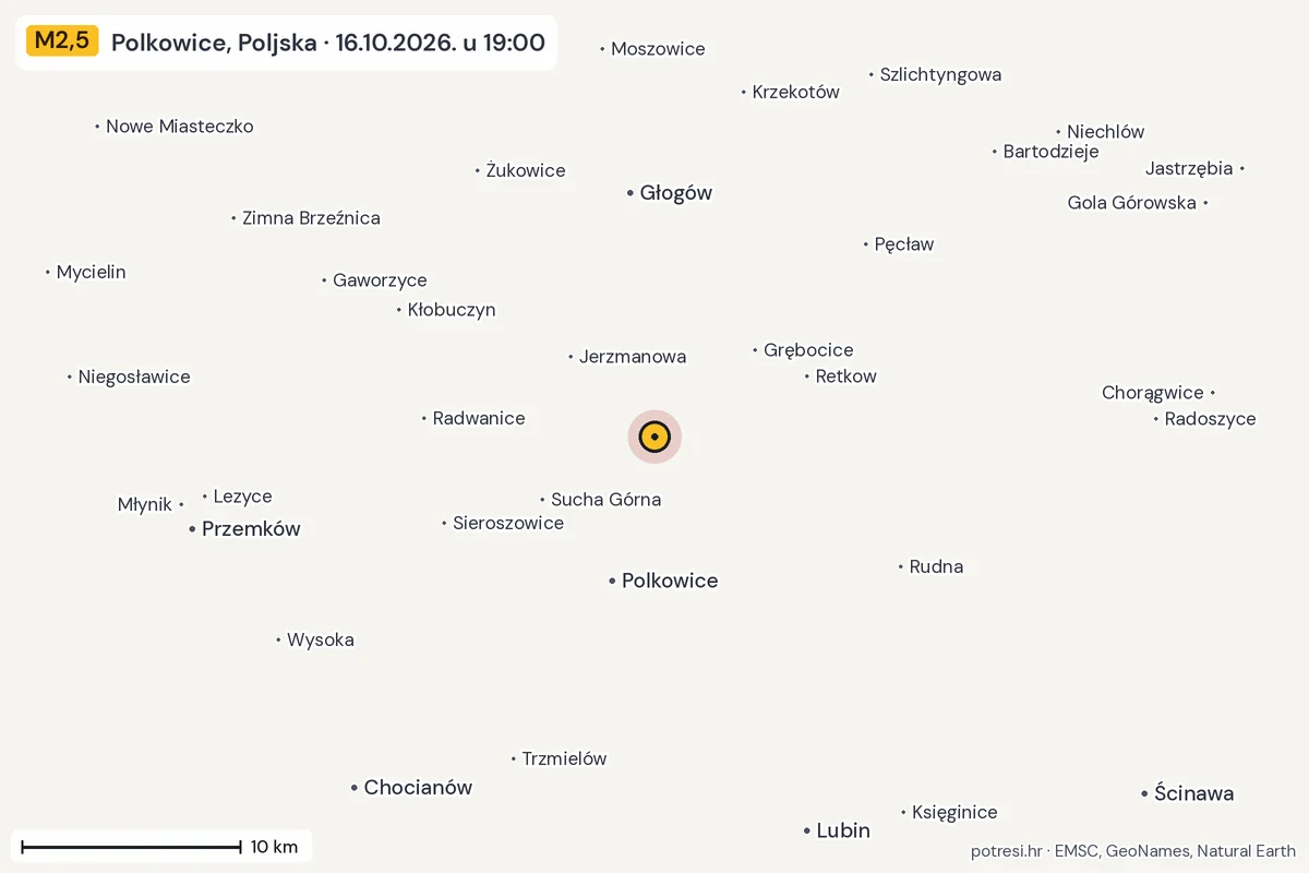 Karta: okolica epicentra, 60 km, potres M2,5, Polkowice, Poljska, 16.10.2026.