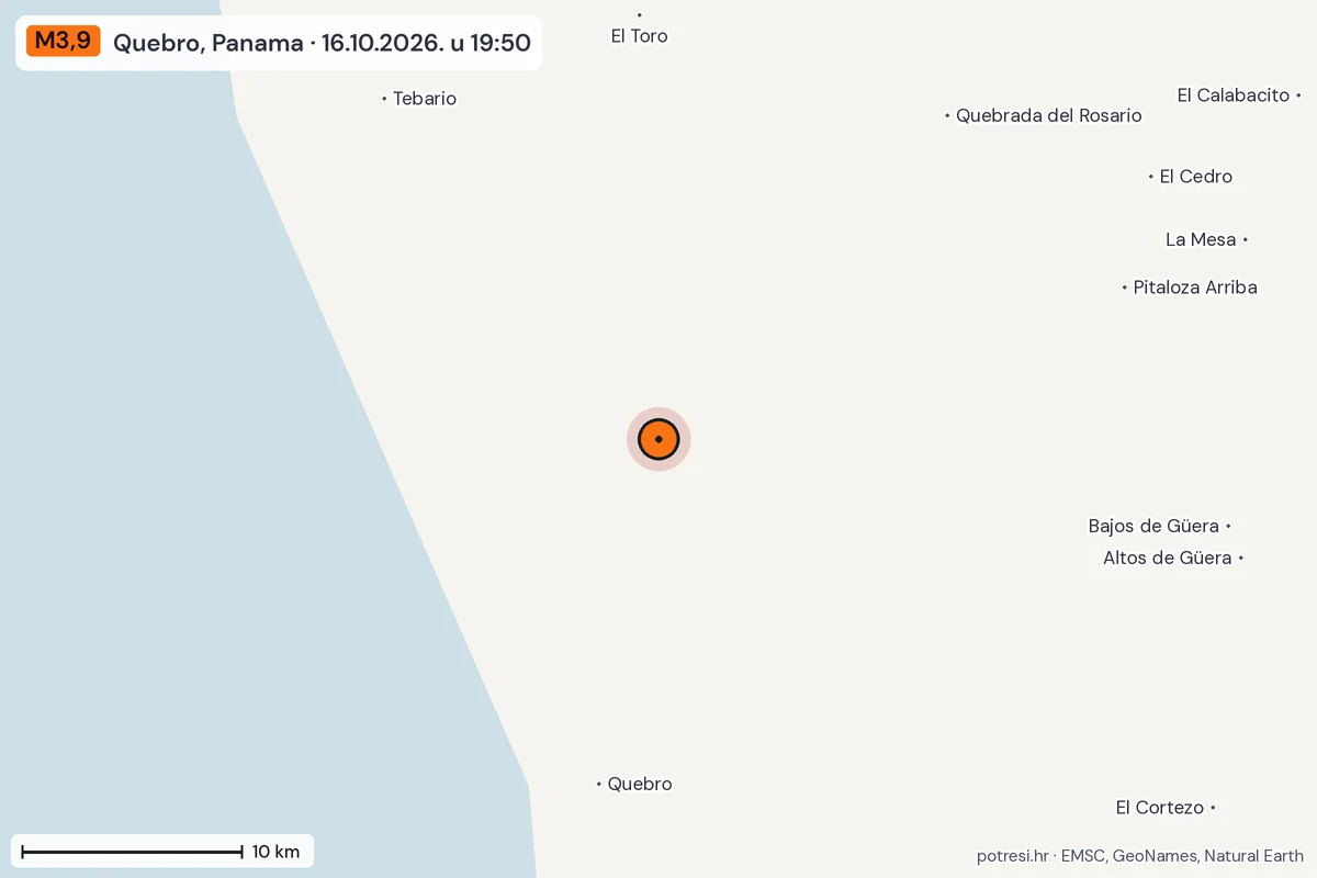 Karta: okolica epicentra, 60 km, potres M3,9, Quebro, Panama, 16.10.2026.