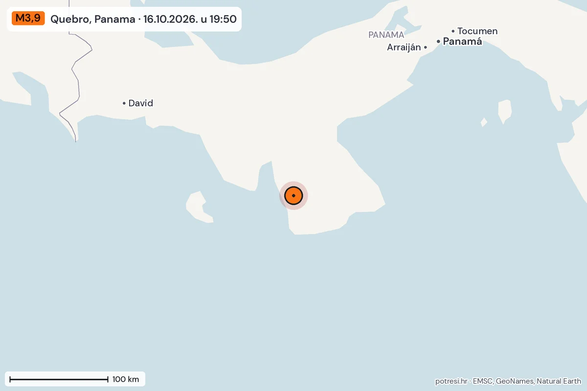 Karta: šire područje, 600 km, potres M3,9, Quebro, Panama, 16.10.2026.