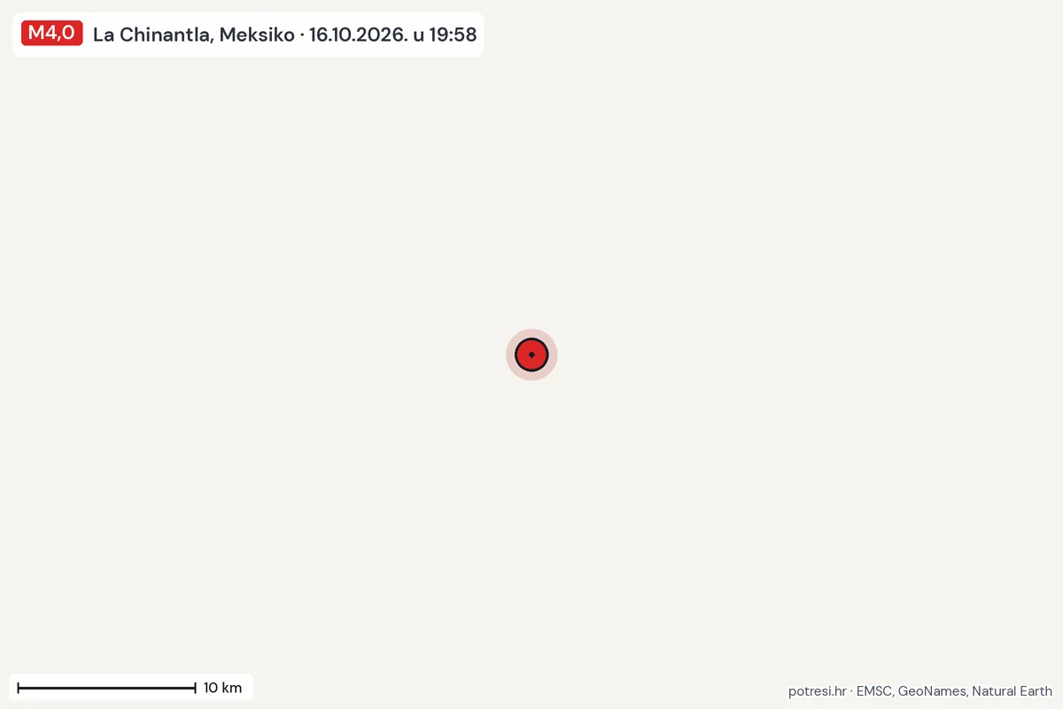 Karta: okolica epicentra, 60 km, potres M4,0, La Chinantla, Meksiko, 16.10.2026.