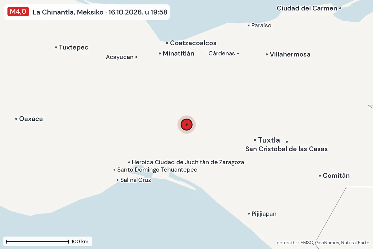 Karta: šire područje, 600 km, potres M4,0, La Chinantla, Meksiko, 16.10.2026.