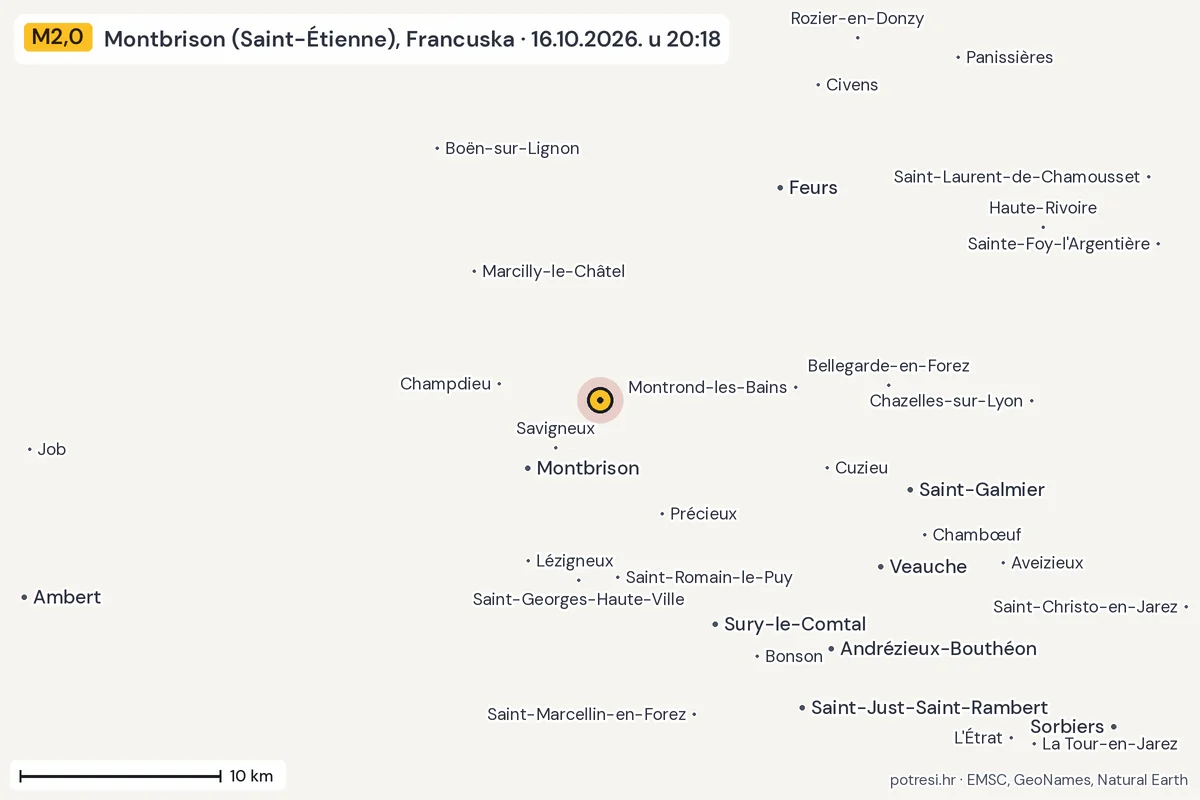 Karta: okolica epicentra, 60 km, potres M2,0, Montbrison (Saint-Étienne), Francuska, 16.10.2026.