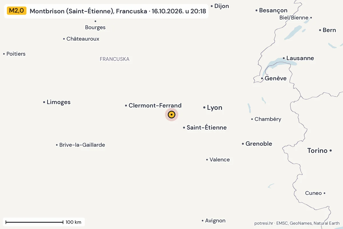 Karta: šire područje, 600 km, potres M2,0, Montbrison (Saint-Étienne), Francuska, 16.10.2026.