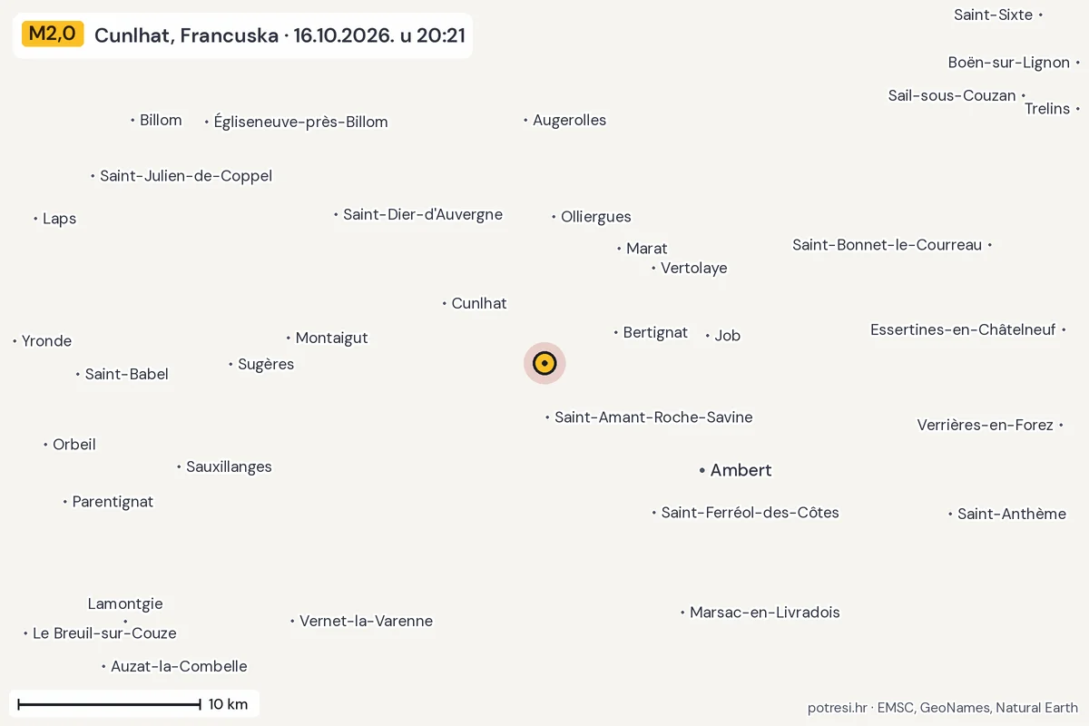 Karta: okolica epicentra, 60 km, potres M2,0, Cunlhat, Francuska, 16.10.2026.