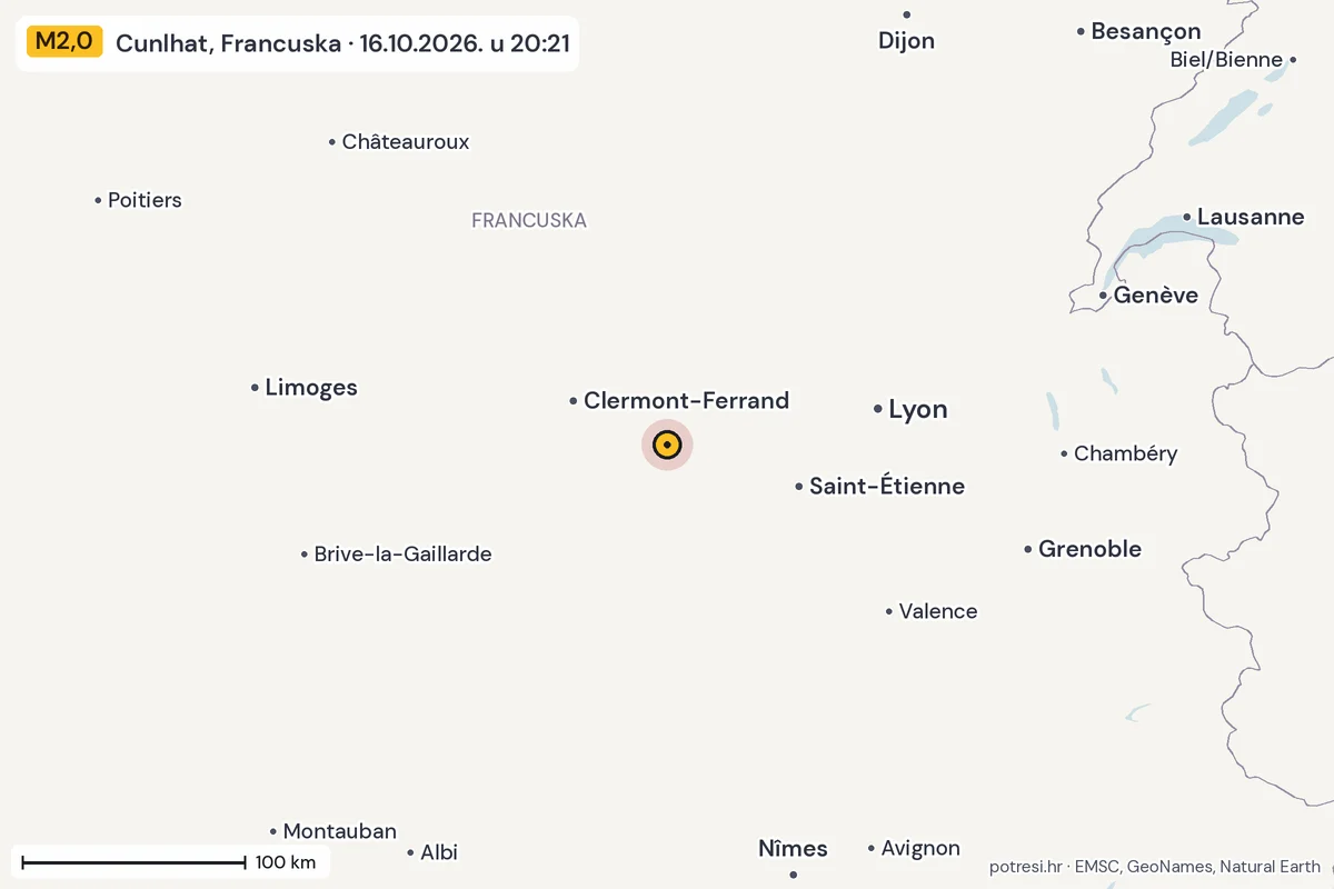Karta: šire područje, 600 km, potres M2,0, Cunlhat, Francuska, 16.10.2026.