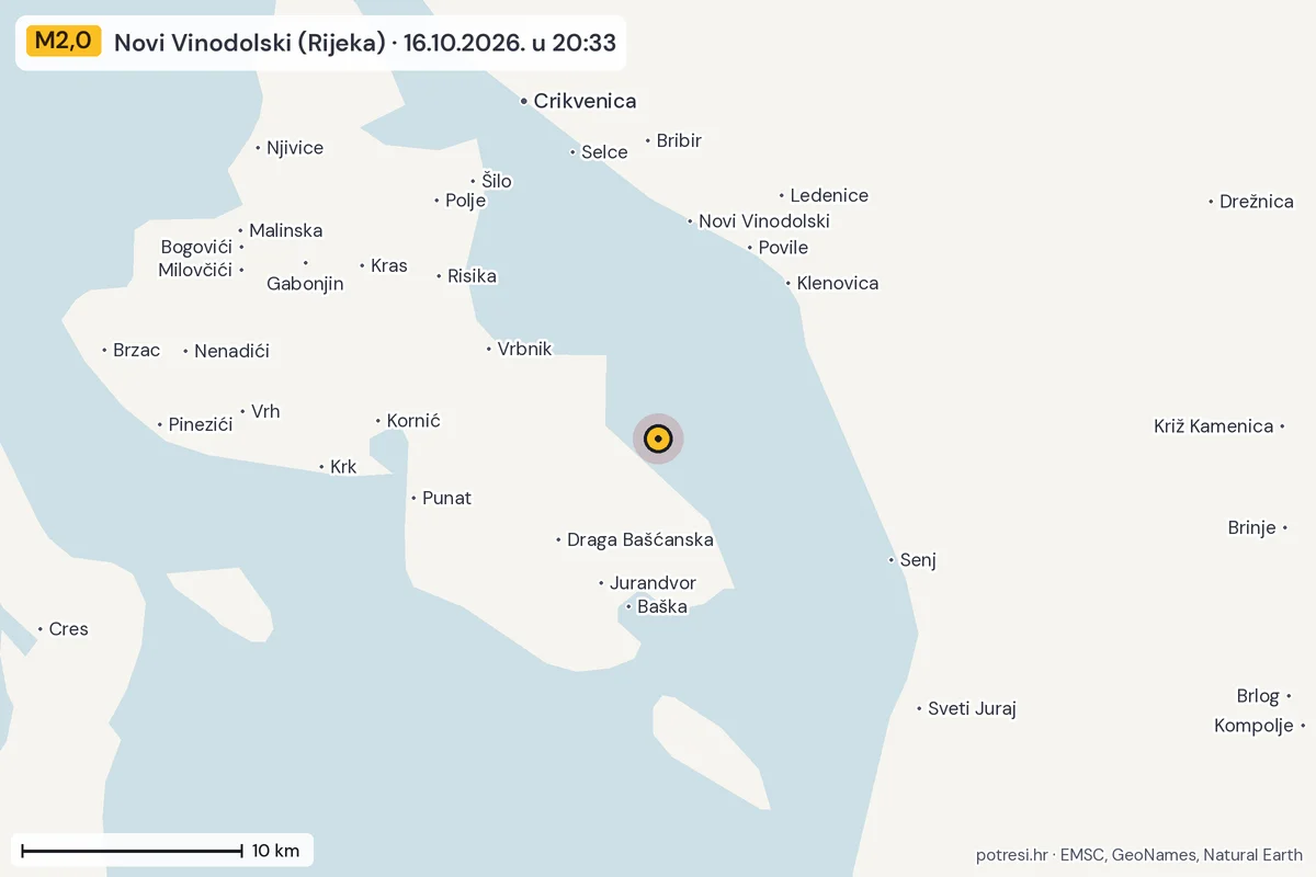 Karta: okolica epicentra, 60 km, potres M2,0, Novi Vinodolski (Rijeka), 16.10.2026.