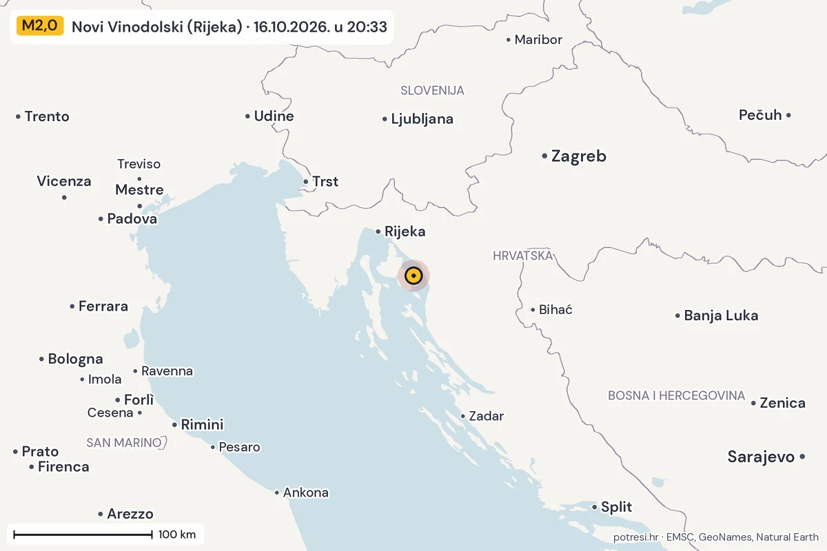 Karta: šire područje, 600 km, potres M2,0, Novi Vinodolski (Rijeka), 16.10.2026.