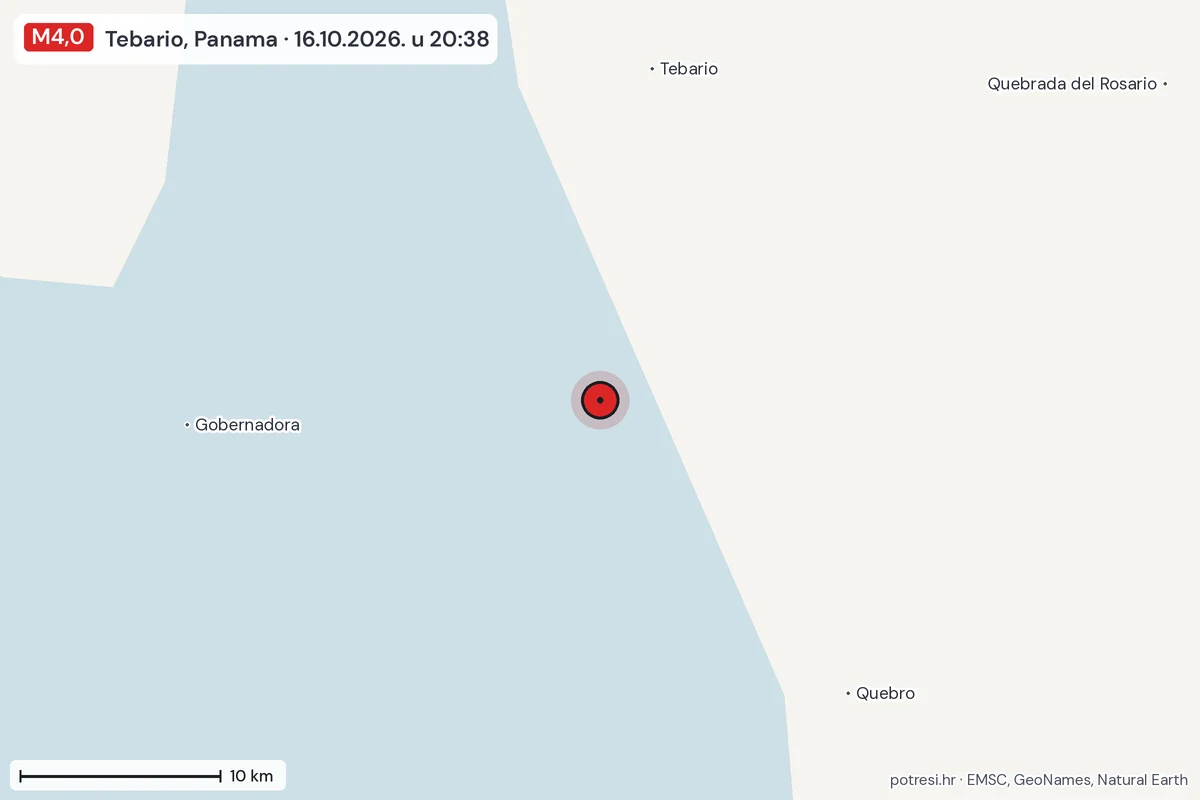 Karta: okolica epicentra, 60 km, potres M4,0, Tebario, Panama, 16.10.2026.