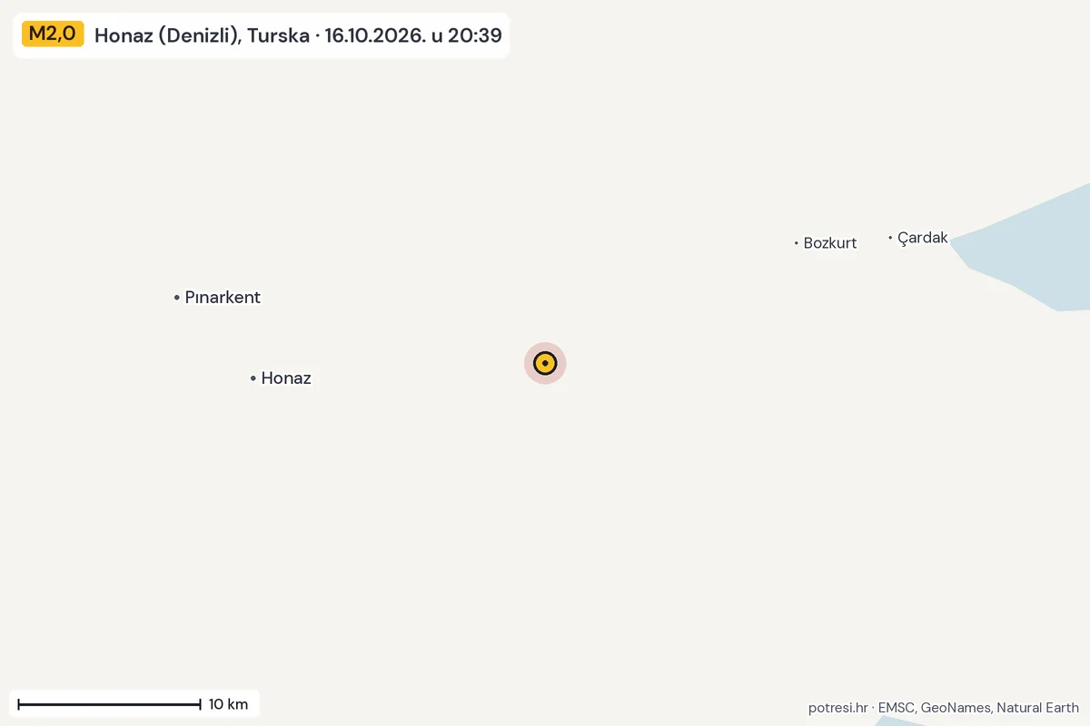 Karta: okolica epicentra, 60 km, potres M2,0, Honaz (Denizli), Turska, 16.10.2026.